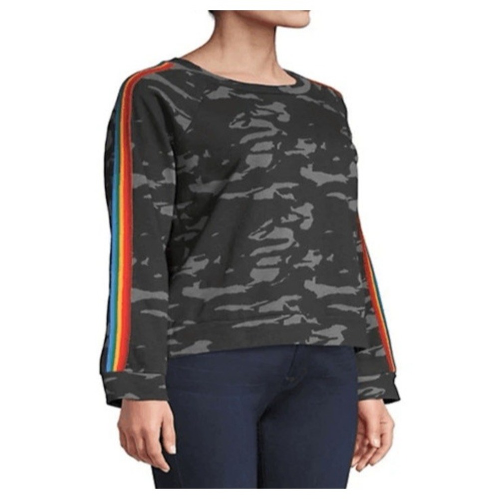 Monrow Woman's Long Sleeve Black Camo Rainbow Sleeve Trim Small Cotton Blend NEW